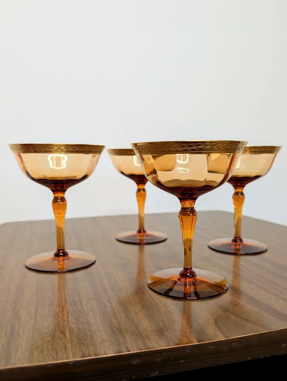 Vintage Amber Glass Gold Rim With Laurel Leaf Pattern Champagne Glasses Set Of 4